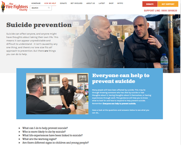 A snapshot of the Fire Fighter's Charity website