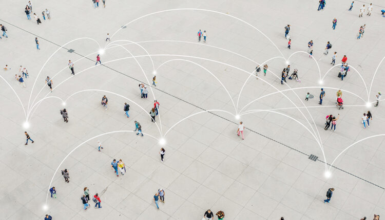 Aerial view of crowd connected by lines